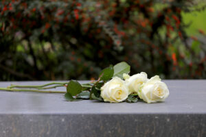 Wrongful Death Three white roses with green stems lie on a gray stone surface, symbolizing remembrance—a peaceful scene often associated with a Dayton wrongful death lawyer supporting families through loss. Blurred greenery and red berries fill the background.